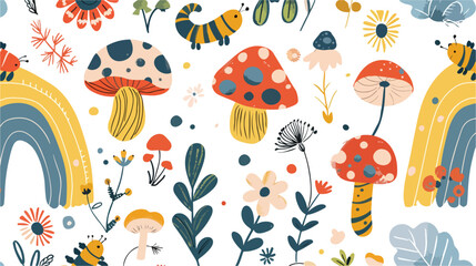 Flowers mushroom rainbow caterpillar doodles. Hand dr - obrazy, fototapety, plakaty