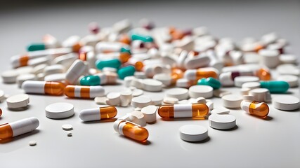 Addiction-related prescription pill fragments strewn on a white tabletop opioid crisis and epidemic analgesic benzodiazepines - obrazy, fototapety, plakaty