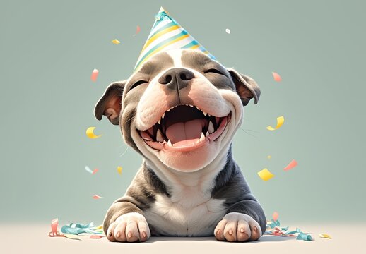 A cute Boston Terrier dog wearing a colorful birthday hat, isolated on a pastel background with copy space, happily smiling and laughing with its mouth open