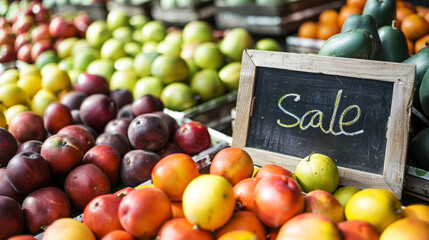 Farmer's market stall with a variety of organic fruits. Board with the inscription sale in chalk. Generative AI