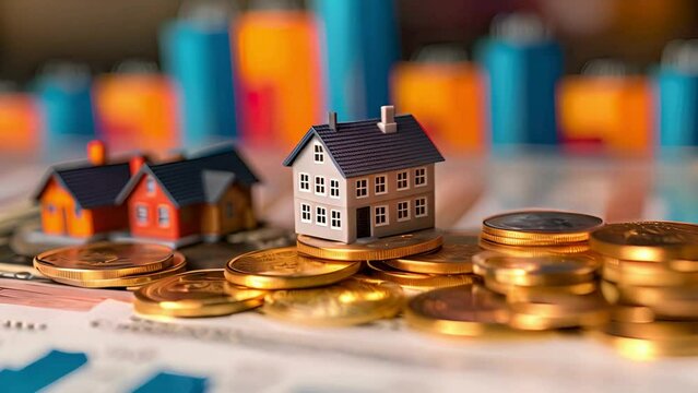  miniature houses and coins on top of financial charts, in the style of real estate concept, real photo, high resolution photography