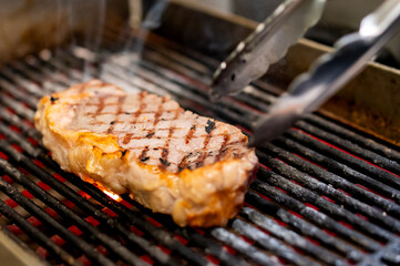 Juicy steak with perfect grill lines sizzling on a barbecue, capturing an enticing culinary moment