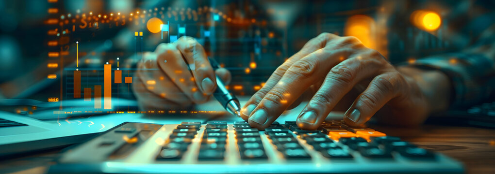 A businessman's hand working at an office desk, with a calculator in one finger and digital graphs floating above it, symbolizing the use of technology for financial progress.