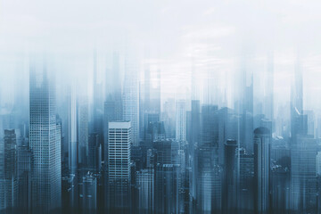 Blurred cityscape with towering skyscrapers in misty blue tones - obrazy, fototapety, plakaty