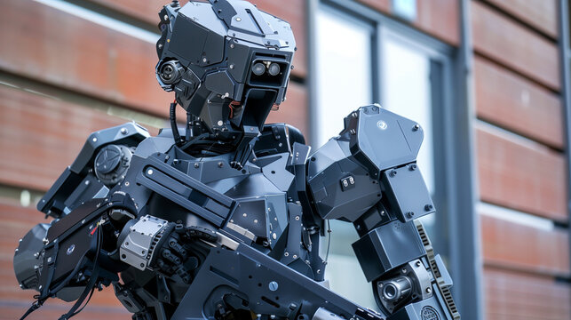 A military robot with an armored exoskeleton is standing in front of a building