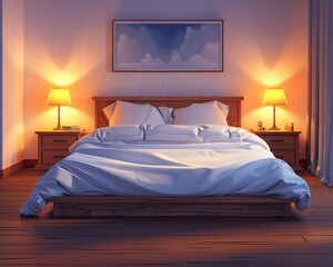 Cozy Retreat A cartoonstyle illustration of a rectangular bed frame made of hardwood, with two nightstands and two lamps The white linens and pillows provide a cozy feel against the hardwood flooring,