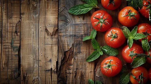 Fresh tomatoes that are red and raw are presented with green mint on a wooden background.
