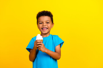Portrait of pleasant little schoolboy with afro hair wear blue t-shirt holding ice cream in hands isolated on vivid yellow background - obrazy, fototapety, plakaty