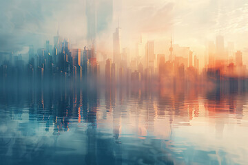 Warm-toned city reflection in water with a dreamy, abstract look - obrazy, fototapety, plakaty