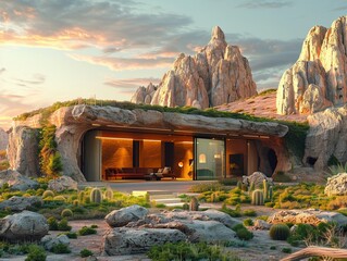 Earthy Abode An artistic rendering of a cave house with a grassy facade in the desert landscape The house is a cozy and inviting abode, offering shelter and warmth in the desert wilderness  8K , high-