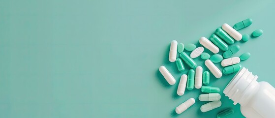 Prescription Medication Capsules on Blue Surface - obrazy, fototapety, plakaty