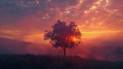 A tree is silhouetted against a beautiful sunset - Powered by Adobe