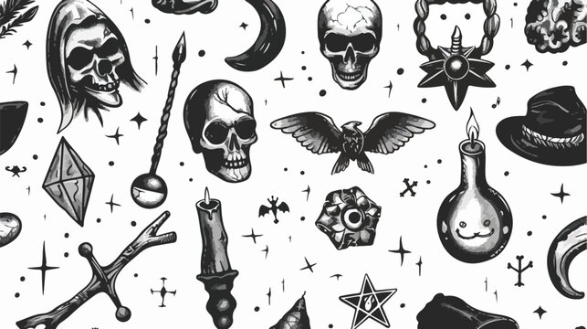 Hand drawn magic objects. Graphic occult elements. 