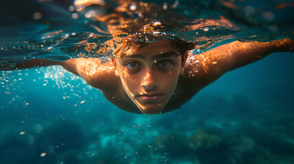 A young man is swimming in the ocean with his head above the water - Powered by Adobe