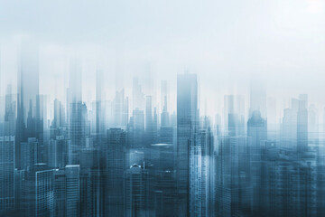 Blurred city skyline with a cool blue overlay and mist effect