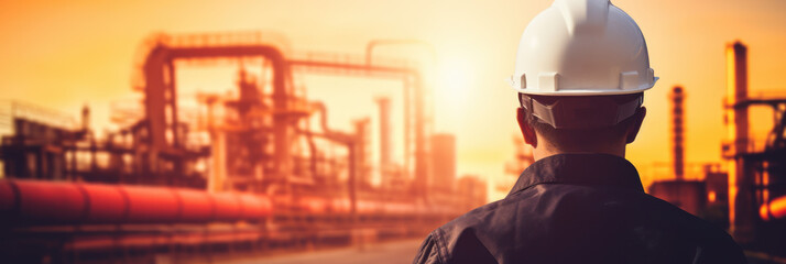 banner with worker on industrial factory or refinery for gas production