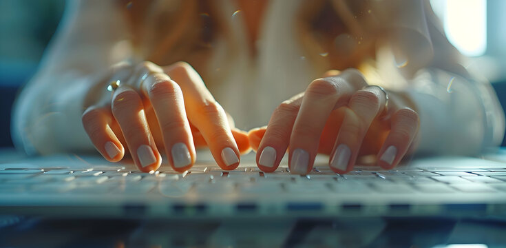 Closeup of hands typing on a laptop keyboard, with the focus on a finger nail and its reflection in the glass table surface.