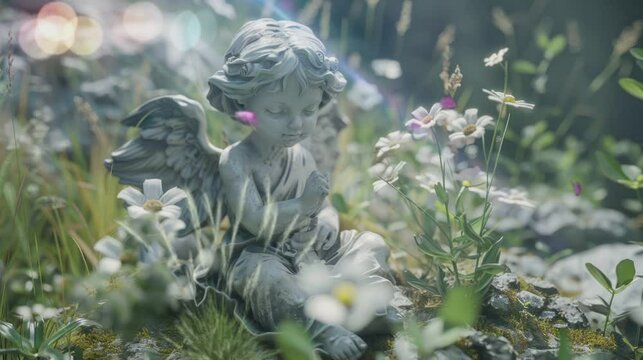 small angel statues are among the flowers, grass and rocks . seamless looping time-lapse virtual video Animation Background.