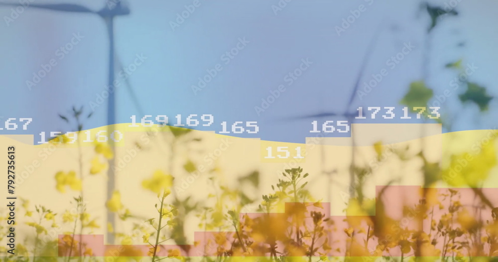 Poster image of data processing and diagrams over flag of ukraine and wind turbines