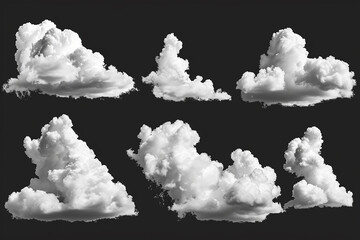 Clouds set isolated on black background. White cloudiness, mist or smog background. Collection of different clouds - obrazy, fototapety, plakaty
