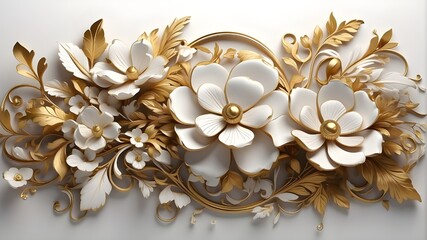 backdrop with decoration, gold and white flowers, background for wedding invitation, Gorgeous intersections of gold flowers and white marble that showcase opulence. Bridal, bride, private function, fe