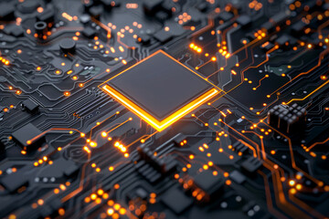 Computer Microchips and Processors on Electronic circuit board. Abstract technology microelectronics concept background. Macro shot, shallow focus