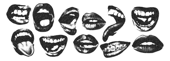 Naklejka premium Lips and mouth in scream with monochrome photocopy effect, for grunge punk y2k collage design. Elements in stipple halftone brutalist retro design. Vector illustration for vintage music poster or bann