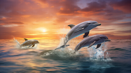 dolphin jumping in water with sunset background - obrazy, fototapety, plakaty