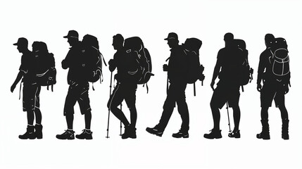 Silhouette of a group of traveler people walking with backpacks - obrazy, fototapety, plakaty