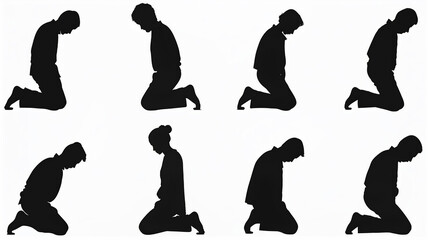 Silhouette of a group of christian people kneeling in prayer
