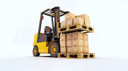 A yellow forklift lifting a pallet of boxes