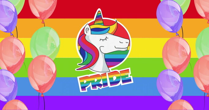 Image of pride text with unicorn in rainbow circle over colourful balloons on rainbow background