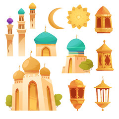 Hand drawn flat cartoon original set collection with islamic architecture and lanterns