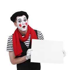 Mime artist with blank sign making shocked face on white background
