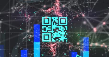 Image of qr code over network of connections on black background