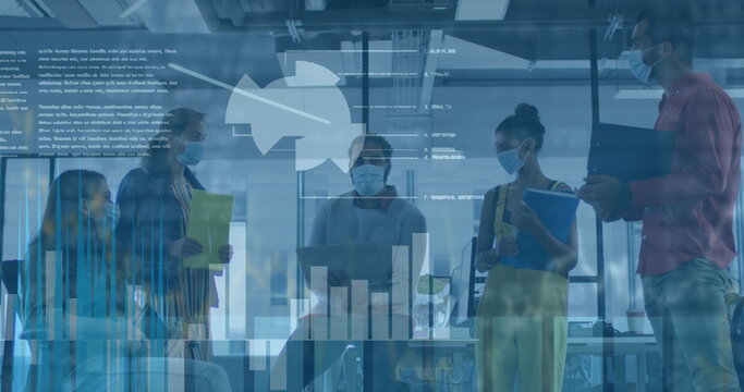 Image of data processing over diverse business people with face masks