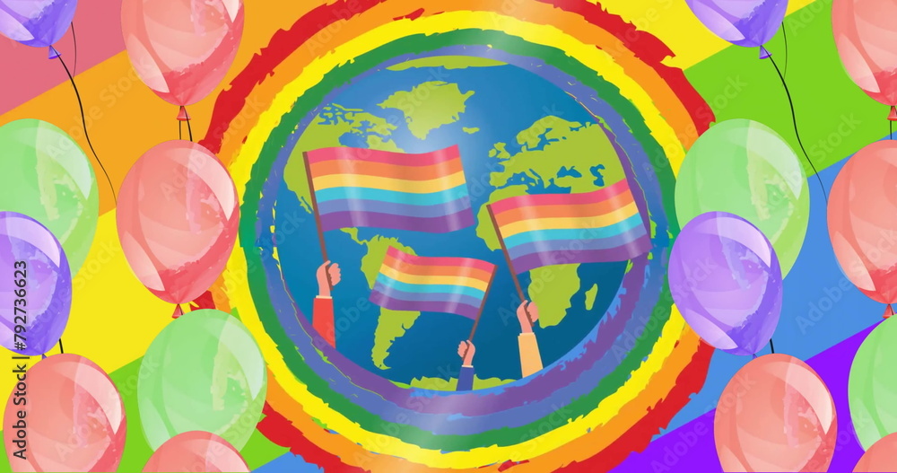 Poster image of colourful balloons and rainbow flags in circle on globe on rainbow background