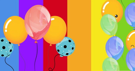 Image of colourful balloons on rainbow background - obrazy, fototapety, plakaty