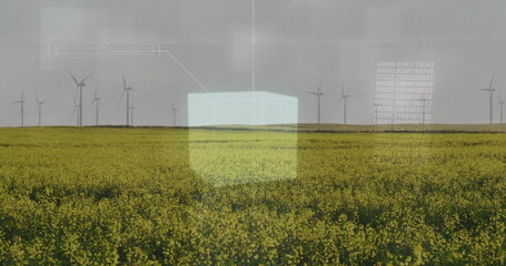 Image of data processing and shapes over wind turbines on field
