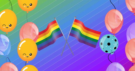 Image of happy colourful balloons and rainbow flags on rainbow background