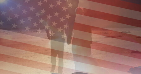Image of flag of usa over caucasian couple holding hands and walking