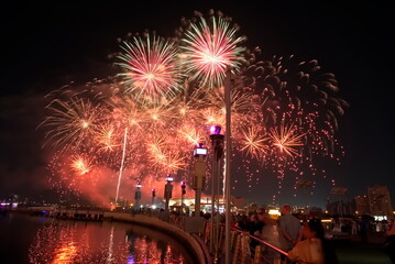 Dubai, United Arab Emirates – April 04, 2024, Dubai Festival Center DFC, Fireworks for...
