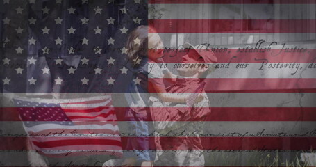 Image of flag of usa with text over caucasian soldier and his daughter embracing - Powered by Adobe