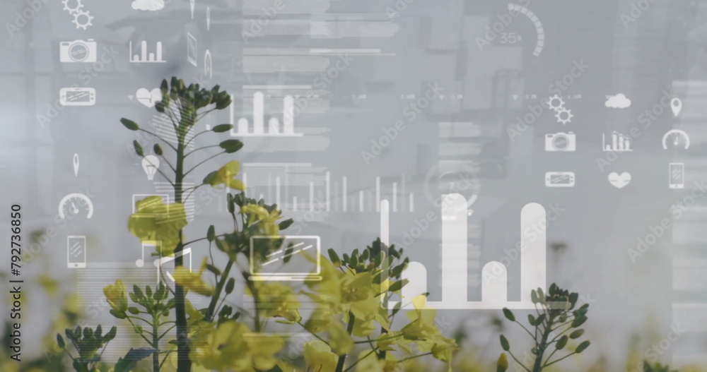 Poster image of data processing and diagrams over flower field