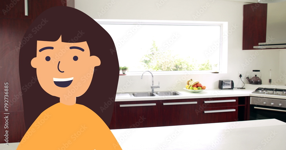 Poster Image of happy woman icon over empty kitchen