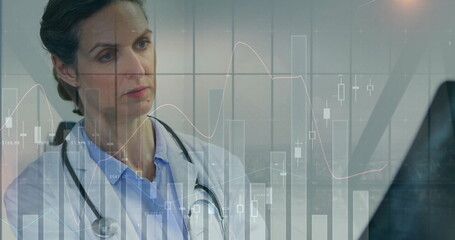 Image of financial data processing over caucasian female doctor