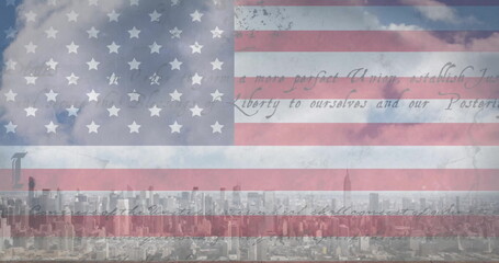 Naklejka premium Image of flag of usa with text over cityscape