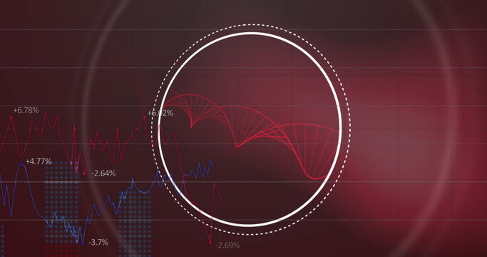Image of data processing and dna strand over red background - Powered by Adobe