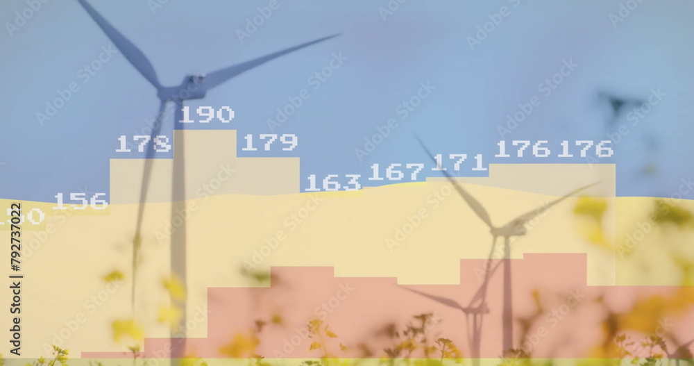 Poster image of data processing and diagrams over flag of ukraine and wind turbines