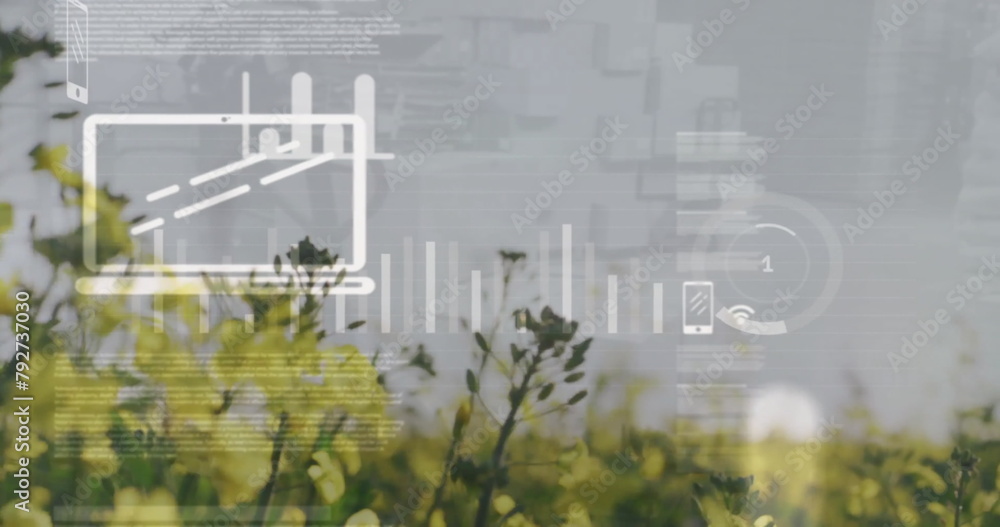 Poster image of data processing and diagrams over flower field